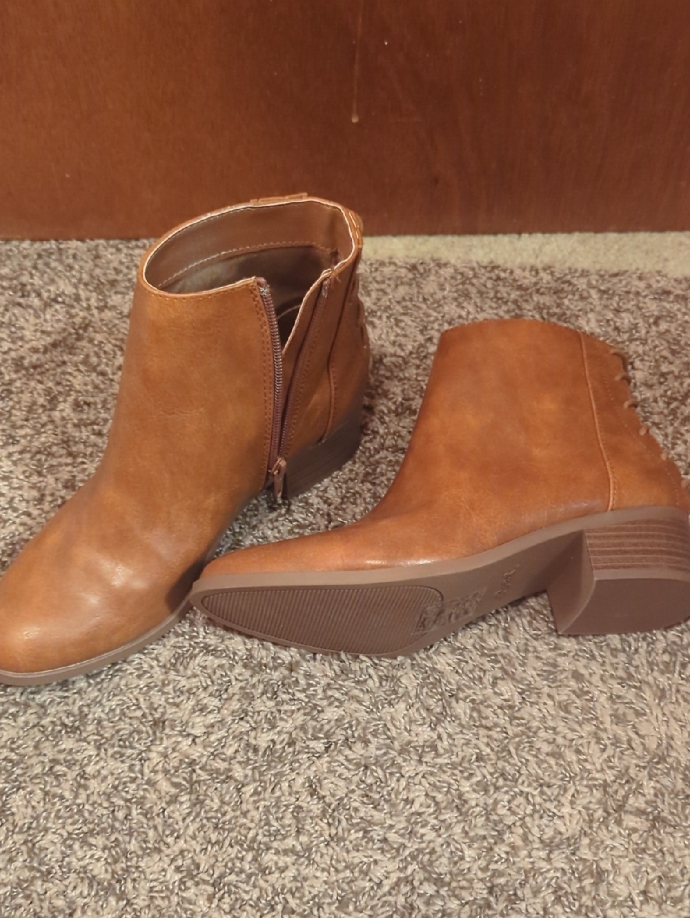 Qupid Cognac Brown Faux Leather Ankle Booties with Side Zip
